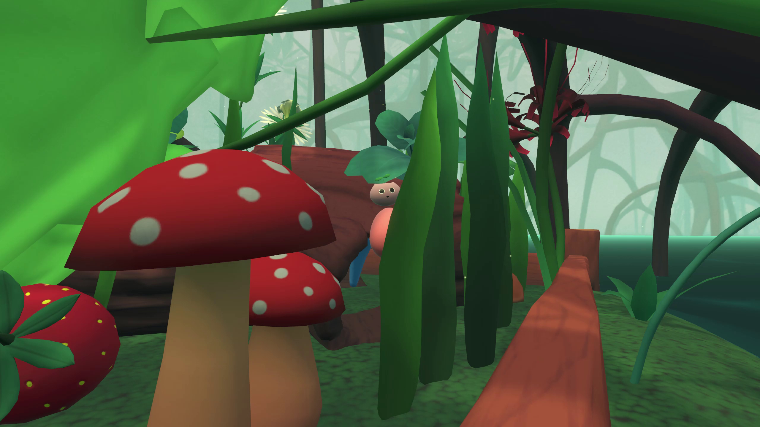 A stylised garden environment with a tiny cute spirit creature peeking from behind a grass blade.